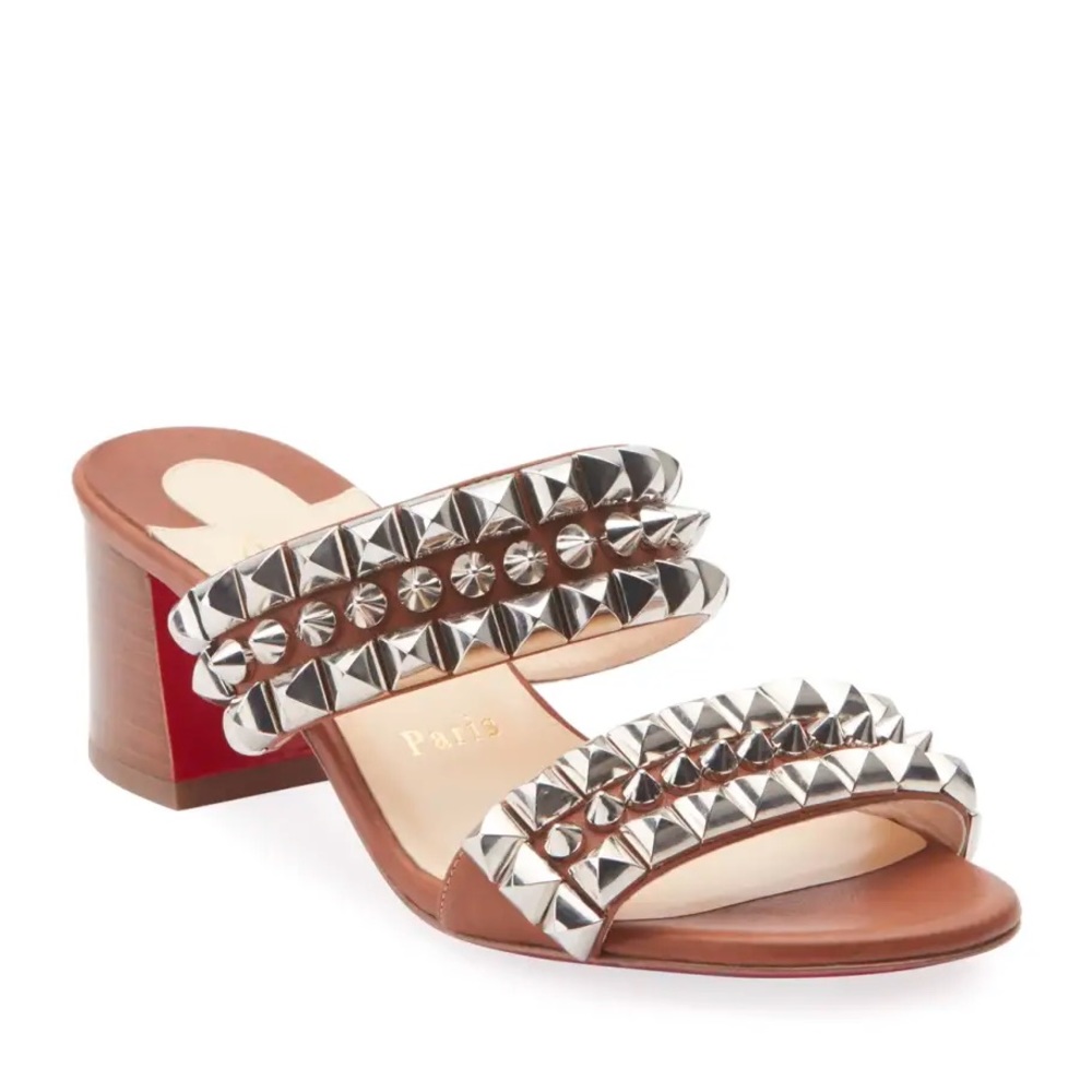 New Size 6.5 / 37 Christian Louboutin Tina Goes Mad Brown Studded Sandal Shoe